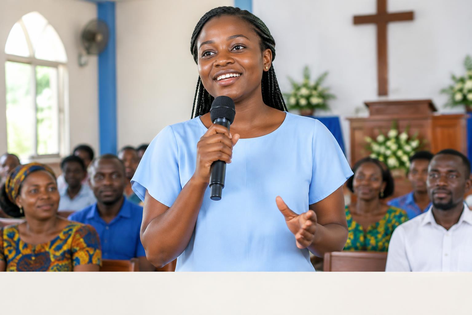 Illustration : une jeune femme partage son témoignage à l’église