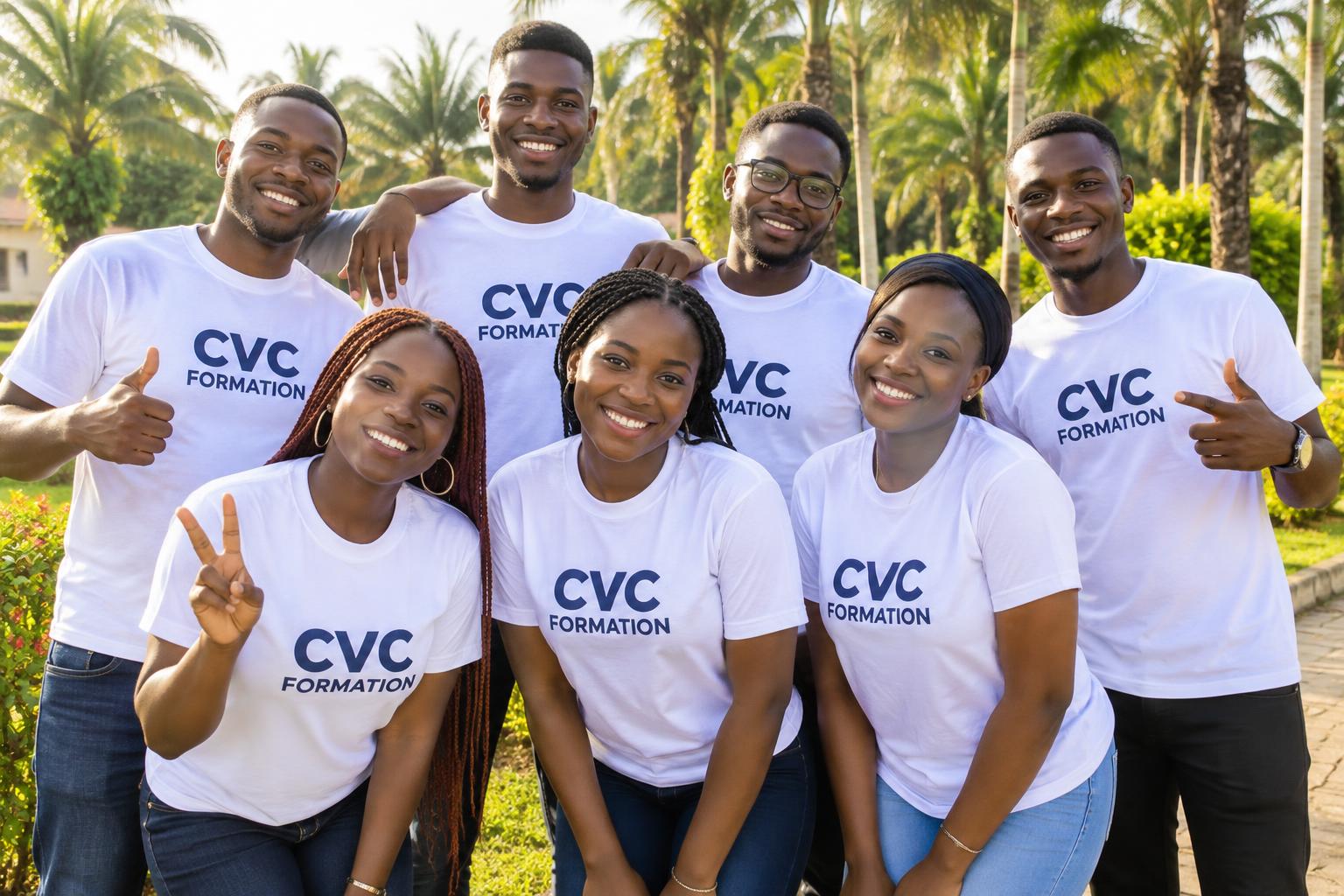 Groupe de jeunes de Campus Victoire en Christ portant des t-shirts CVC FORMATION