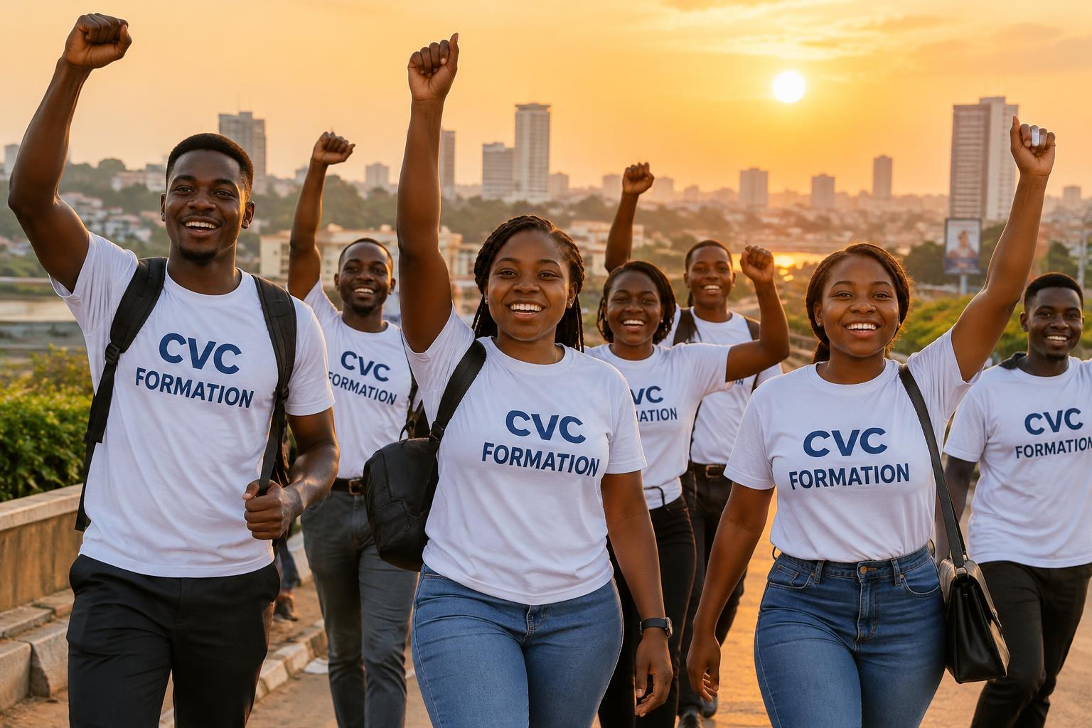 Jeunes CVC FORMATION marchant ensemble dans la victoire au coucher du soleil